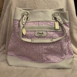 Coach White and purple leather mini C tote bag.
